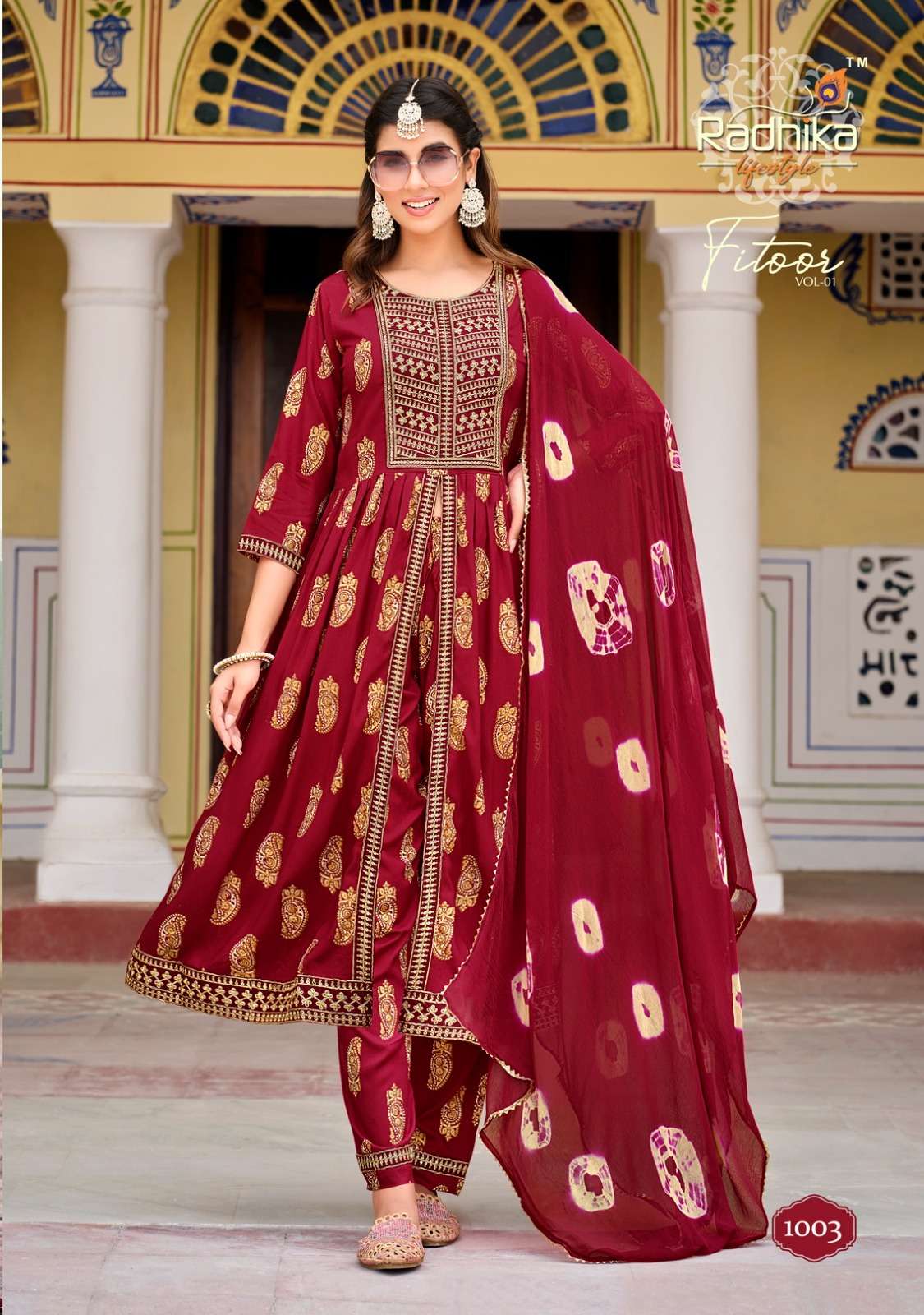 FITOOR REYON LIVA TAG PRINT EMBROIDERY WORK MIDDLE CUT KURTI WITH PANT AND NAZMIN TIE DIE DUPATTA BY RADHIKA LIFESTYLE BRAND 1003